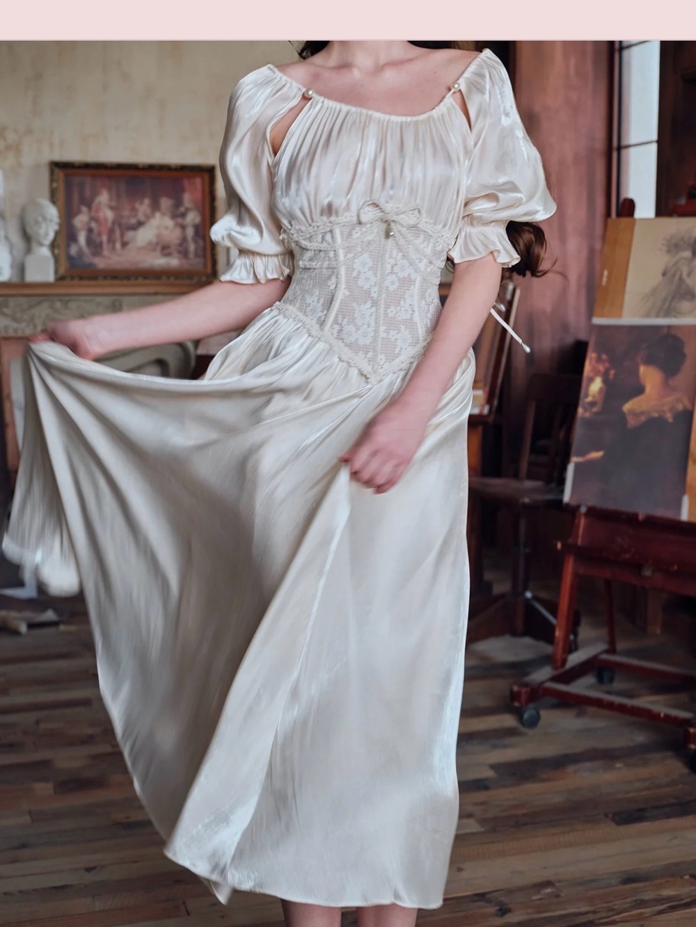 Elegant Ivory Satin Corset Midi Dress with Puff Sleeves - Picture 3 of 9